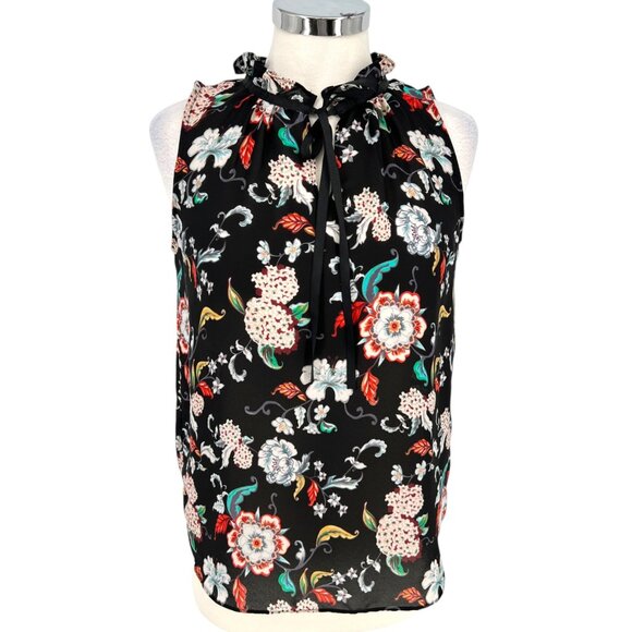 Violet & Claire Black Floral Print Sleeveless Blouse Ruffle Neck Size Small - Picture 1 of 12